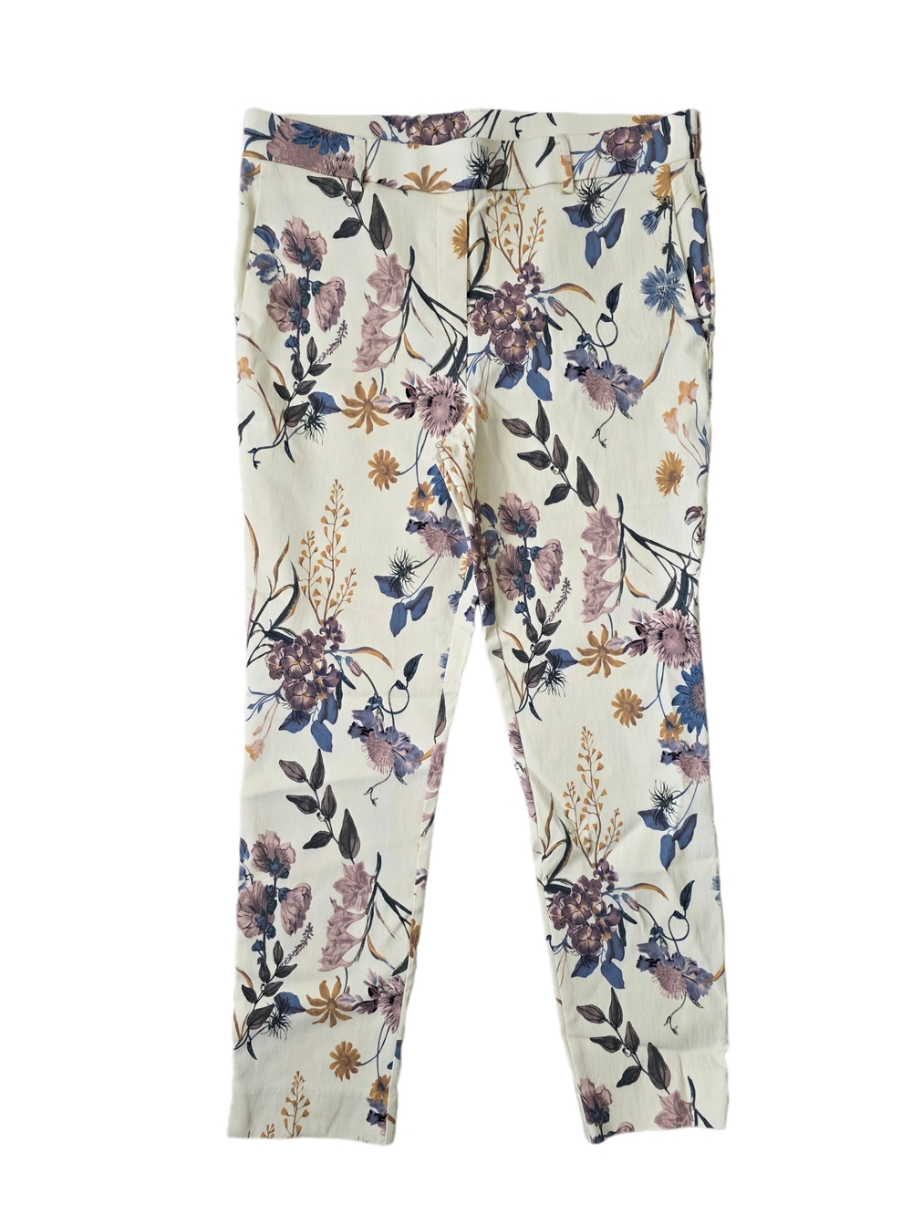 Cream Floral Skinny Pants with Blue & Purple Accents Size Medium